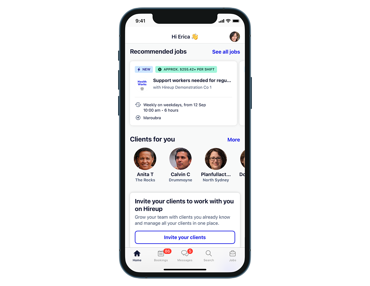 Hireup app showing recommended jobs and an option to invite existing clients