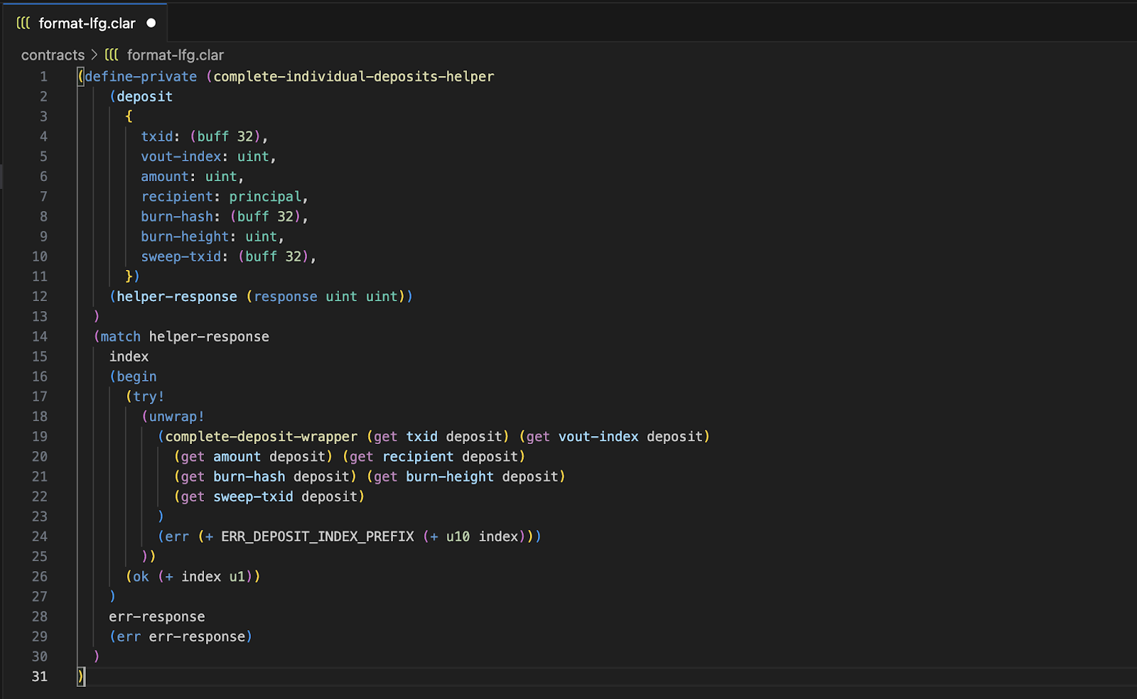 Clarity smart-contract code after formatting in Clarinet