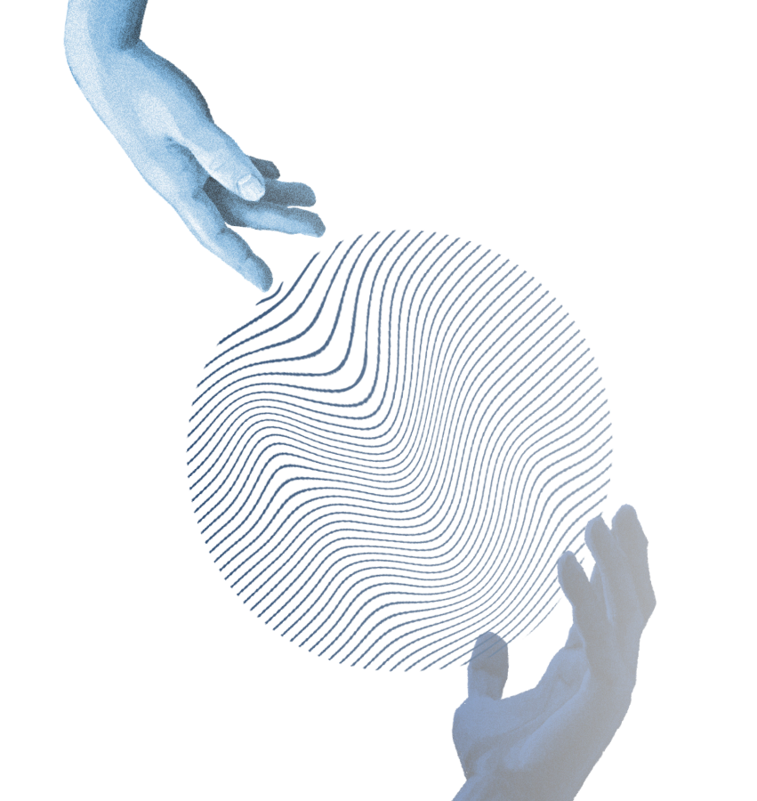 Official Hirsch Leatherwood illustration showing hands shaping a field of curved lines