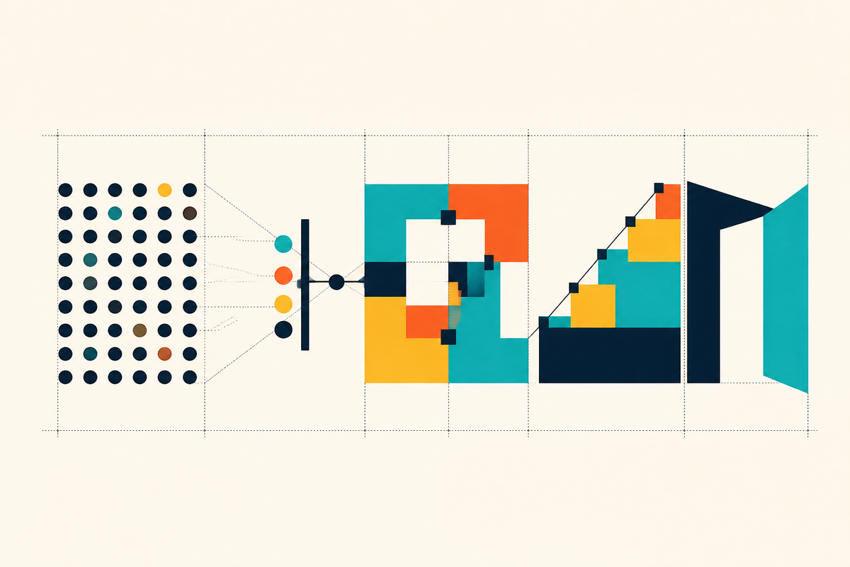 Abstract Swiss-style composition showing many candidates narrowing through a gate into interlocking blocks, steps and an open portal