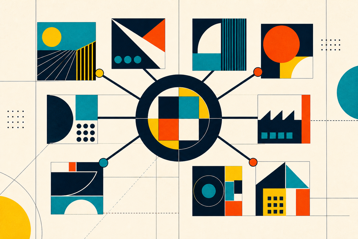 Abstract geometric network connecting eight portfolio sectors to a central hub