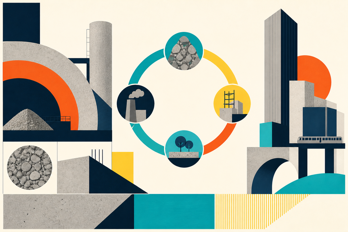 Abstract Swiss-style composition of concrete forms, buildings and a circular materials loop