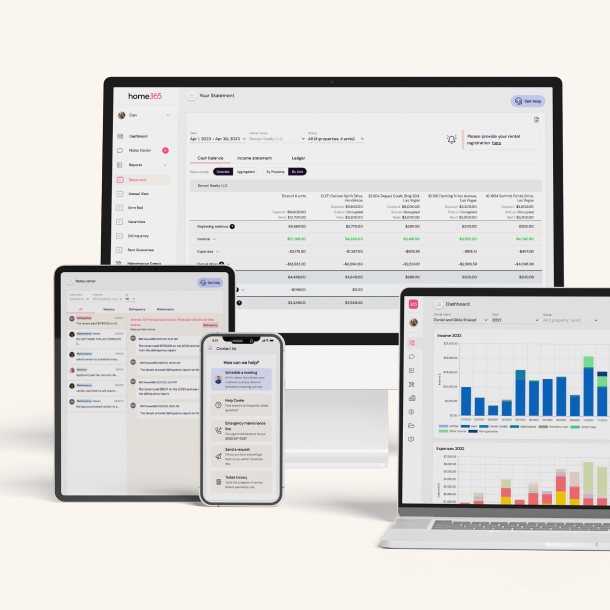 Home365 Owner Portal displayed on a desktop monitor and phone