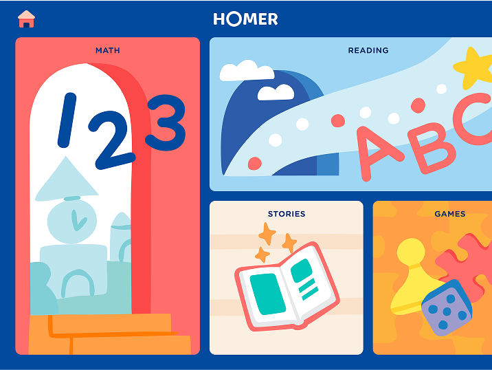 HOMER app home screen with colorful activity destinations