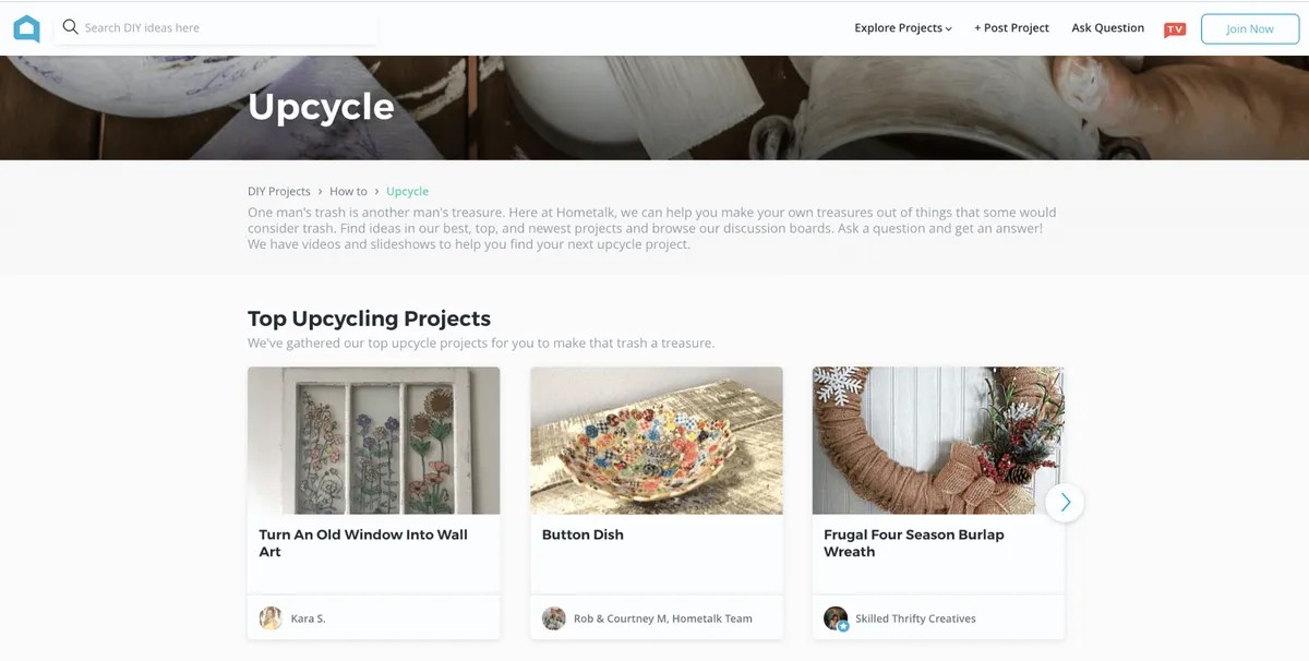 Hometalk upcycling page showing projects made from old materials