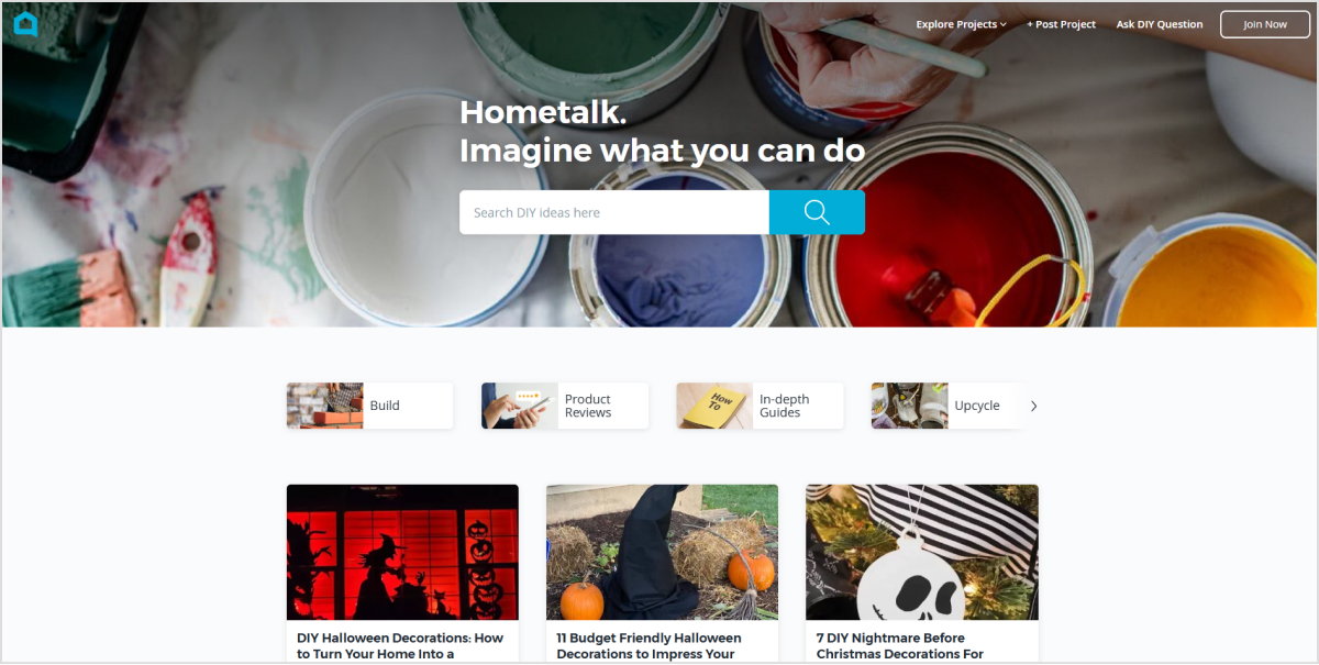 Hometalk homepage showing search, project categories and DIY tutorial cards