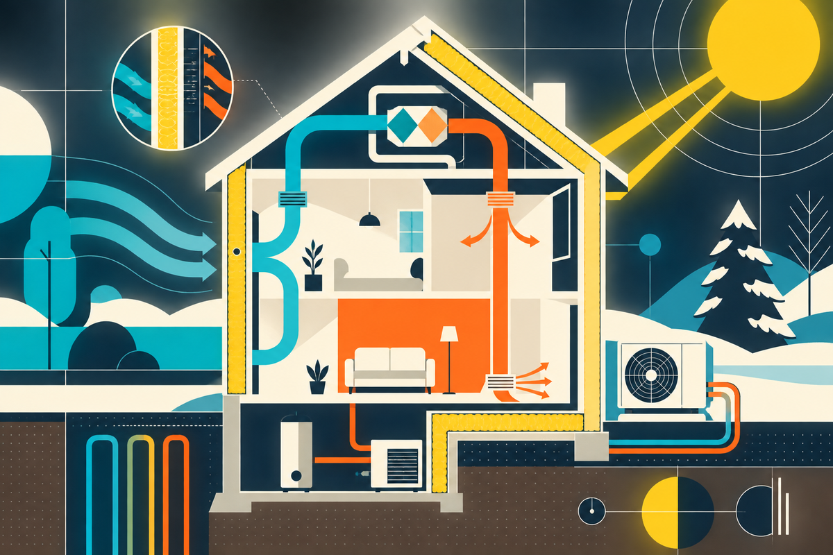 Geometric cross-section of an insulated house showing cool and warm airflow and a heat pump