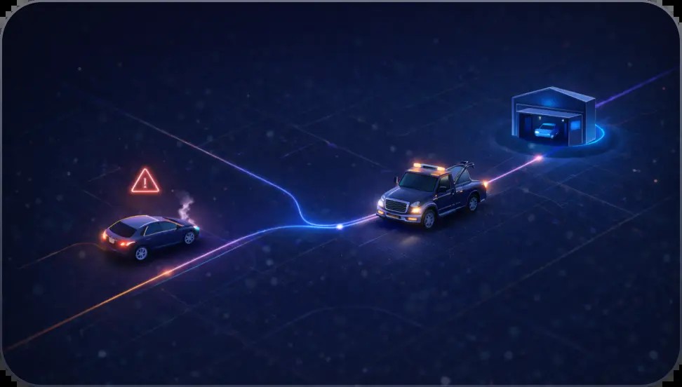 HONK illustration of a disabled car, tow truck and destination connected on a route