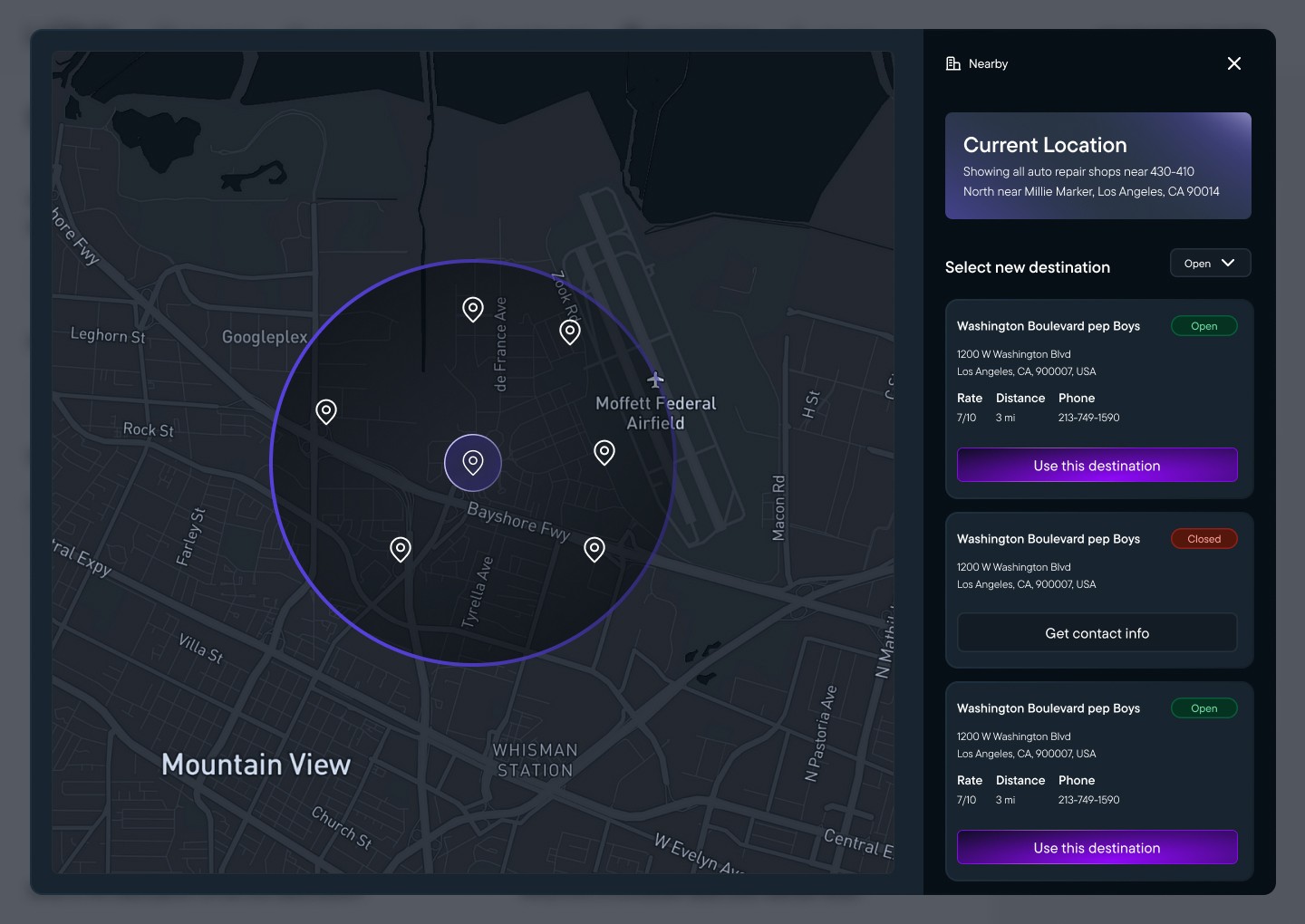 HONK service interface showing nearby destinations and vehicle routing on a map