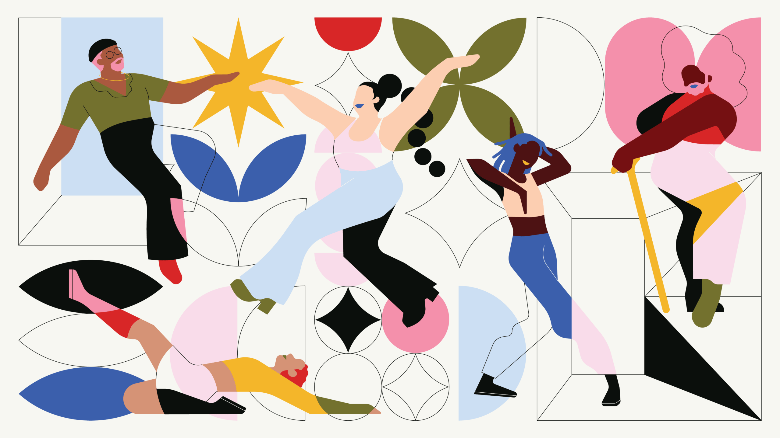 Hopelab brand illustration of young people in motion, arranged to spell the Hopelab name