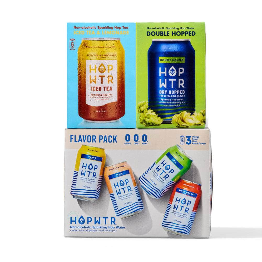 A colorful assortment of HOPWTR sparkling hop water cans