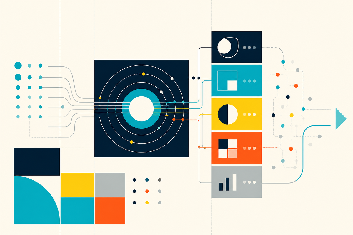 Abstract Swiss-style composition showing signals moving through an open network of media channels