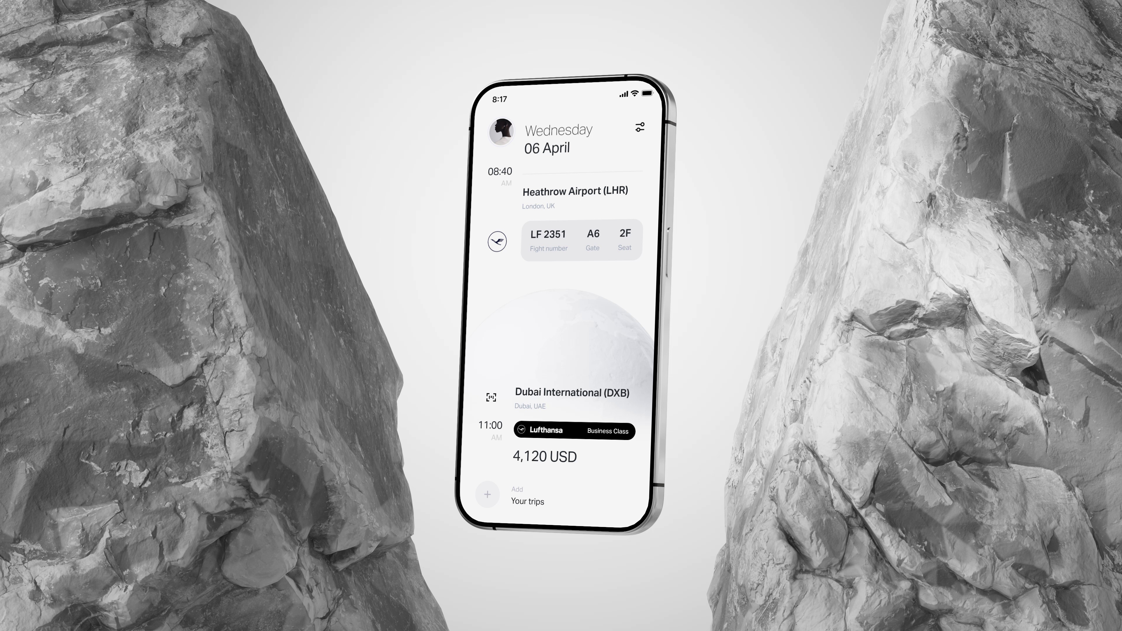 StayFly travel interface concept showing itinerary and boarding details on a phone between two cliffs