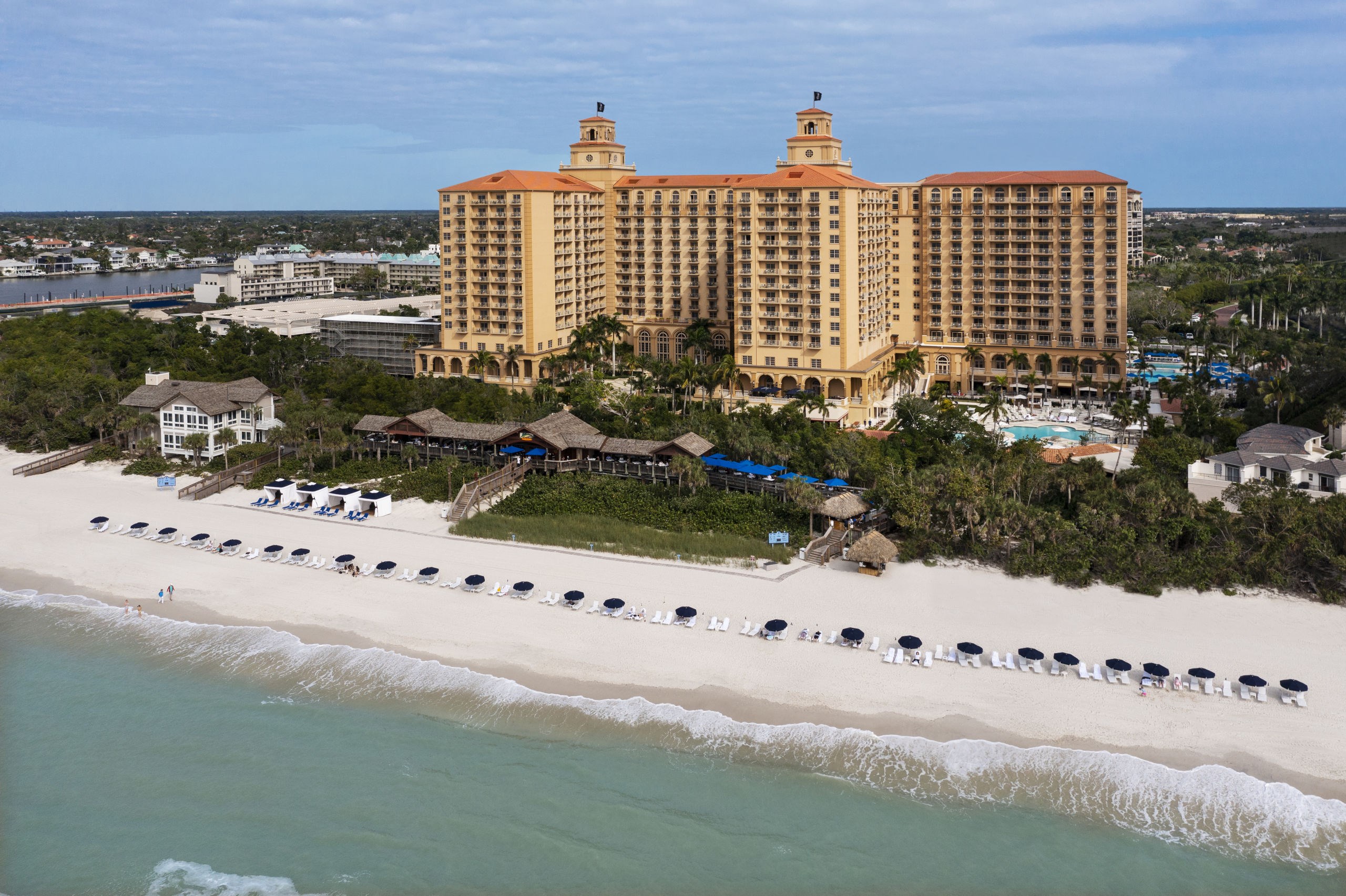 Aerial view of The Ritz-Carlton, Naples beside the beach and Gulf