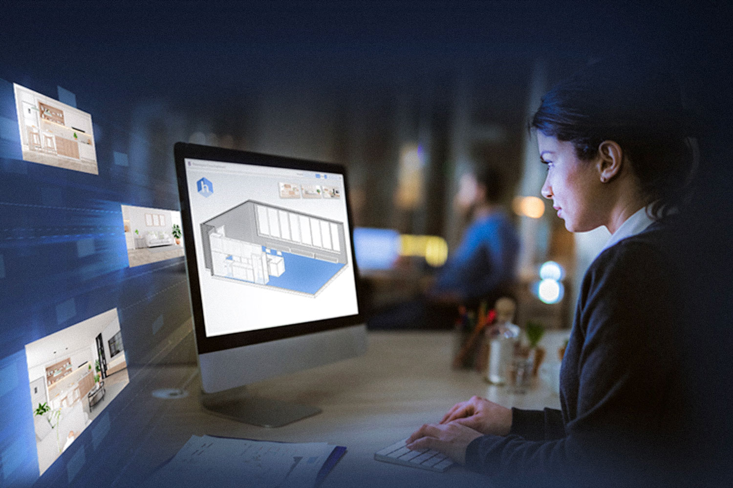 Hosta product illustration showing a woman viewing a digital room reconstruction on a laptop