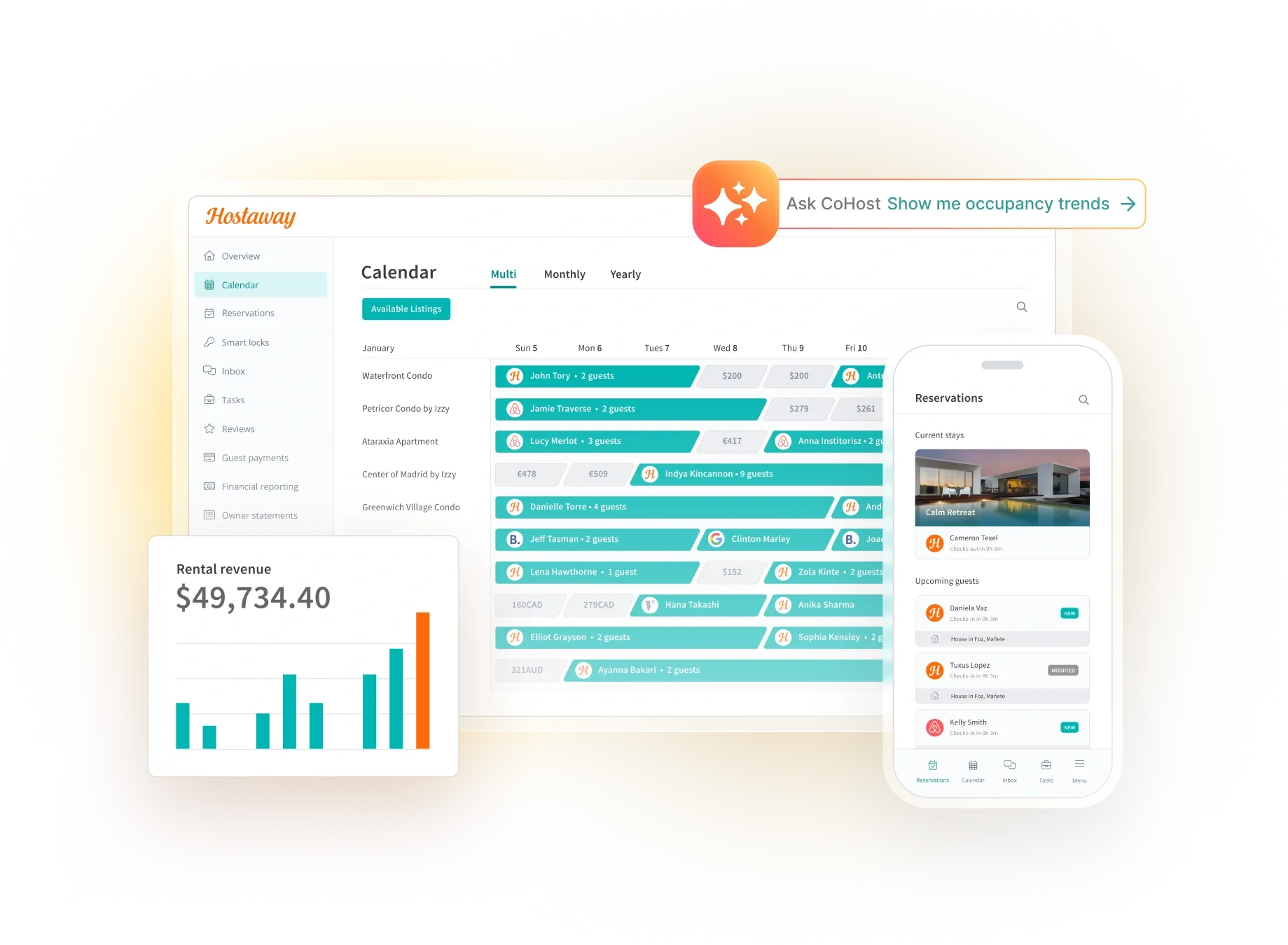 Hostaway promotional product view showing a shared calendar, mobile reservations and an AI CoHost prompt