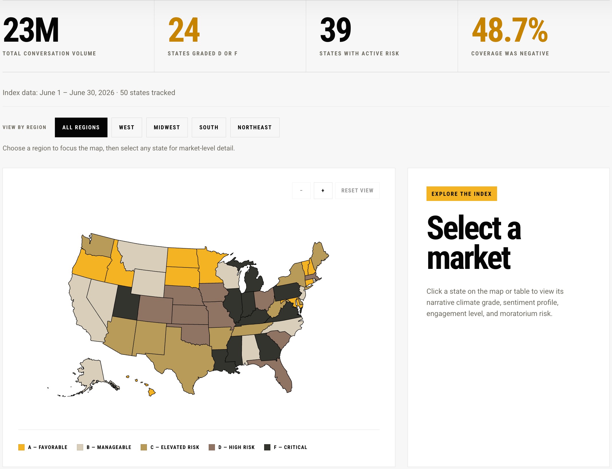 Hot Paper Lantern's Data Center Narrative Risk Dashboard showing a map of the United States