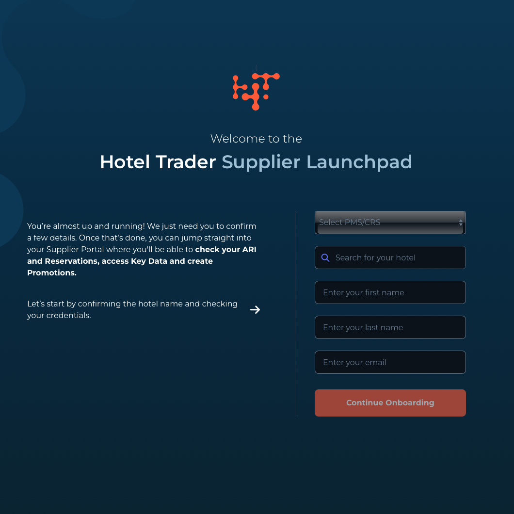 Hotel Trader Supplier Launchpad screen showing PMS/CRS selection and hotel search