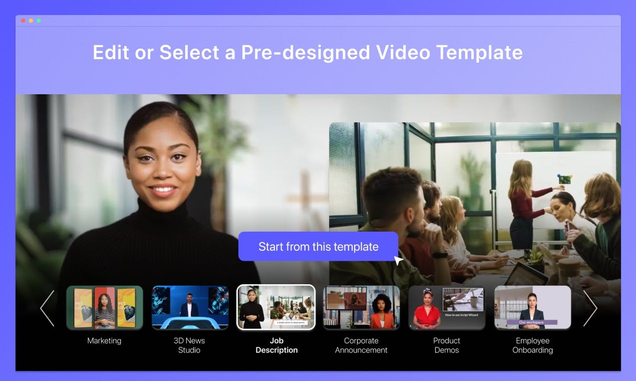 Hour One template selection screen with virtual presenter and business video categories