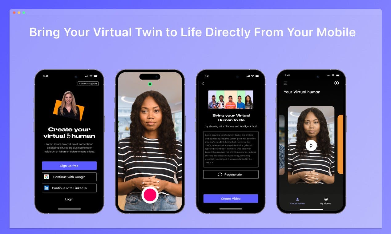 Hour One iOS app screens for capturing and creating a personal virtual human