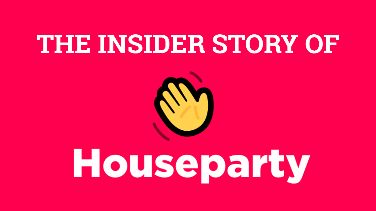 Houseparty's waving-hand mark on a vivid pink editorial graphic