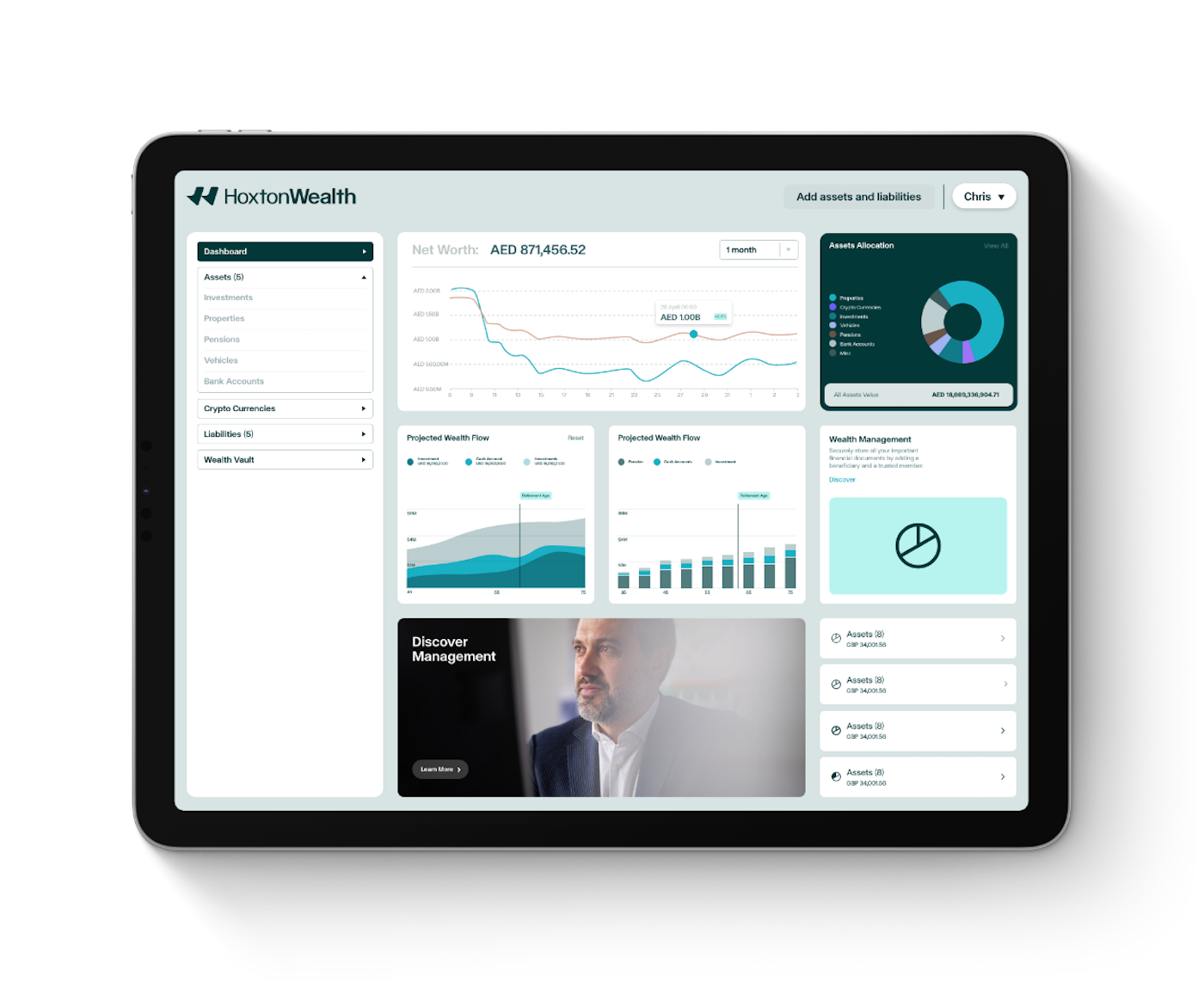 Official Hoxton Wealth app artwork showing the financial dashboard on a tablet