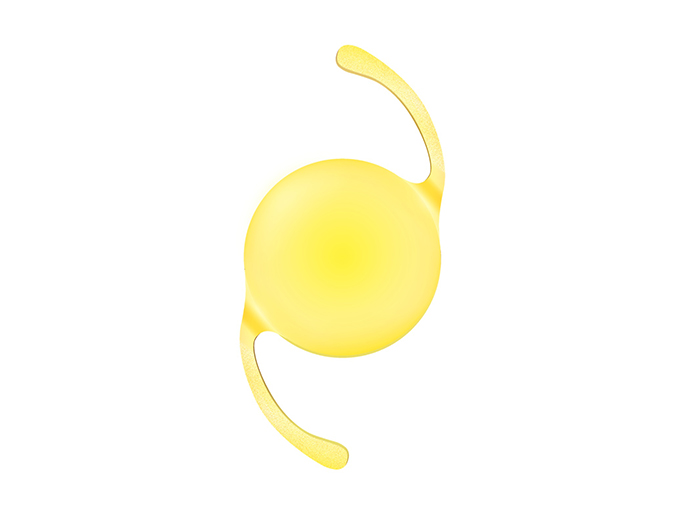 Yellow-tinted intraocular lens with two curved supporting arms