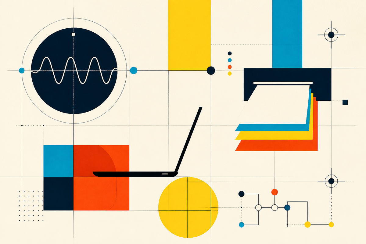 Abstract Swiss-style composition of a waveform, laptop, pages and circuit nodes