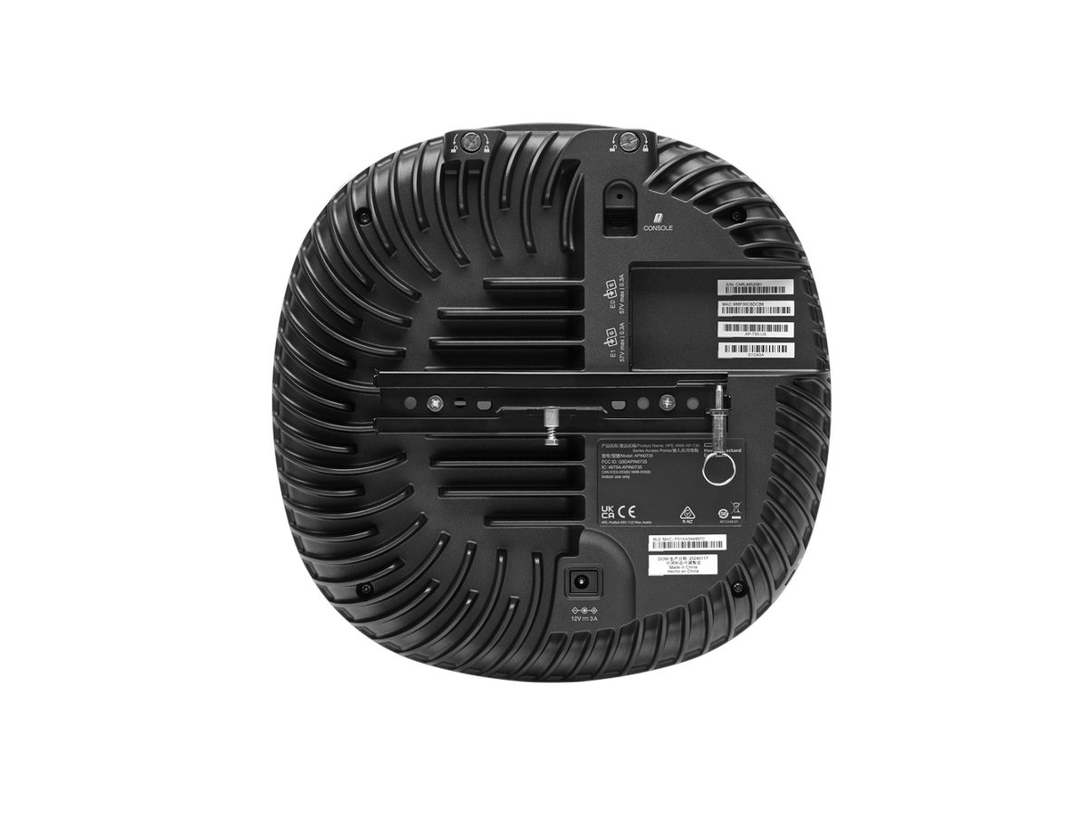 Rear view of an HPE Aruba Networking 730 Series access point, showing its mounting hardware and connection ports