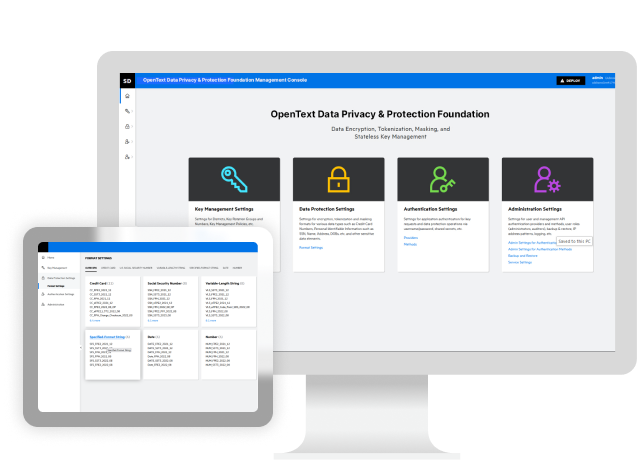 OpenText Voltage SecureData Servers product presentation on a laptop and tablet