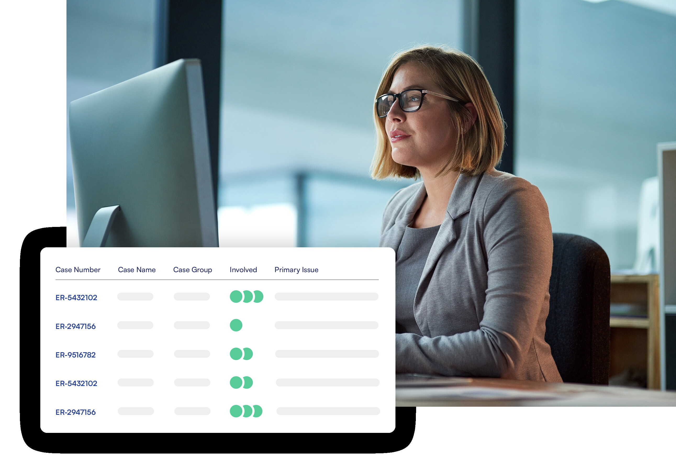 HR Acuity case management interface shown alongside an investigator at a computer