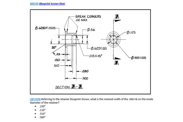 Acclaim sample assessment showing a retainer blueprint and a multiple-choice question about a rib dimension