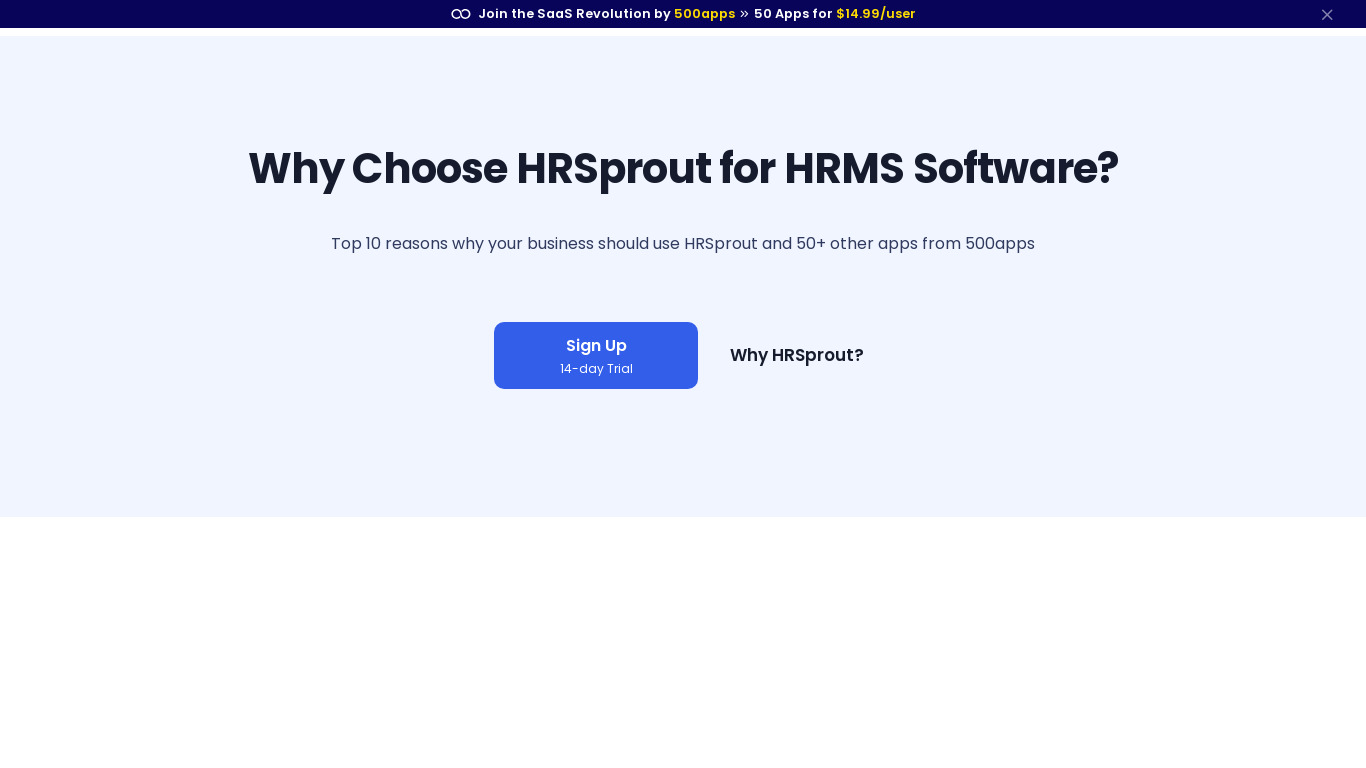 Historical HRSprout website capture advertising its HRMS and the 500apps subscription