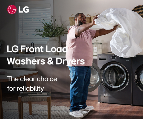 LG campaign image showing a man drying sheets beside laundry appliances