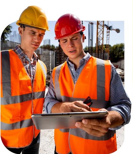 Two construction workers in safety vests and hard hats reviewing information on a tablet