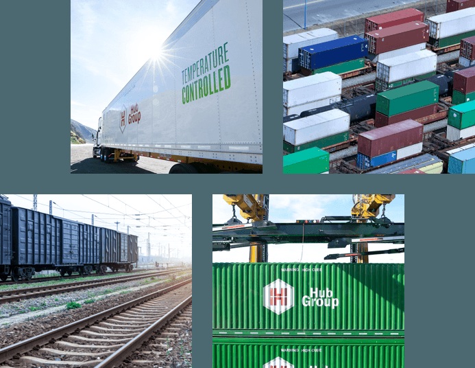 Hub Group intermodal equipment: refrigerated container, rail yard, train and container crane