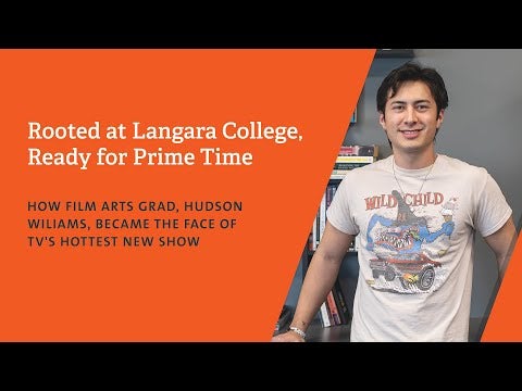 Hudson Williams standing beside a Langara College feature graphic