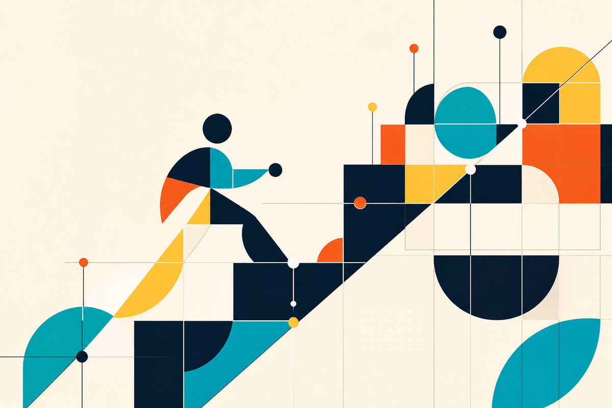 Abstract Swiss-style human figure moving upward through a geometric network of navy, teal, yellow and orange forms
