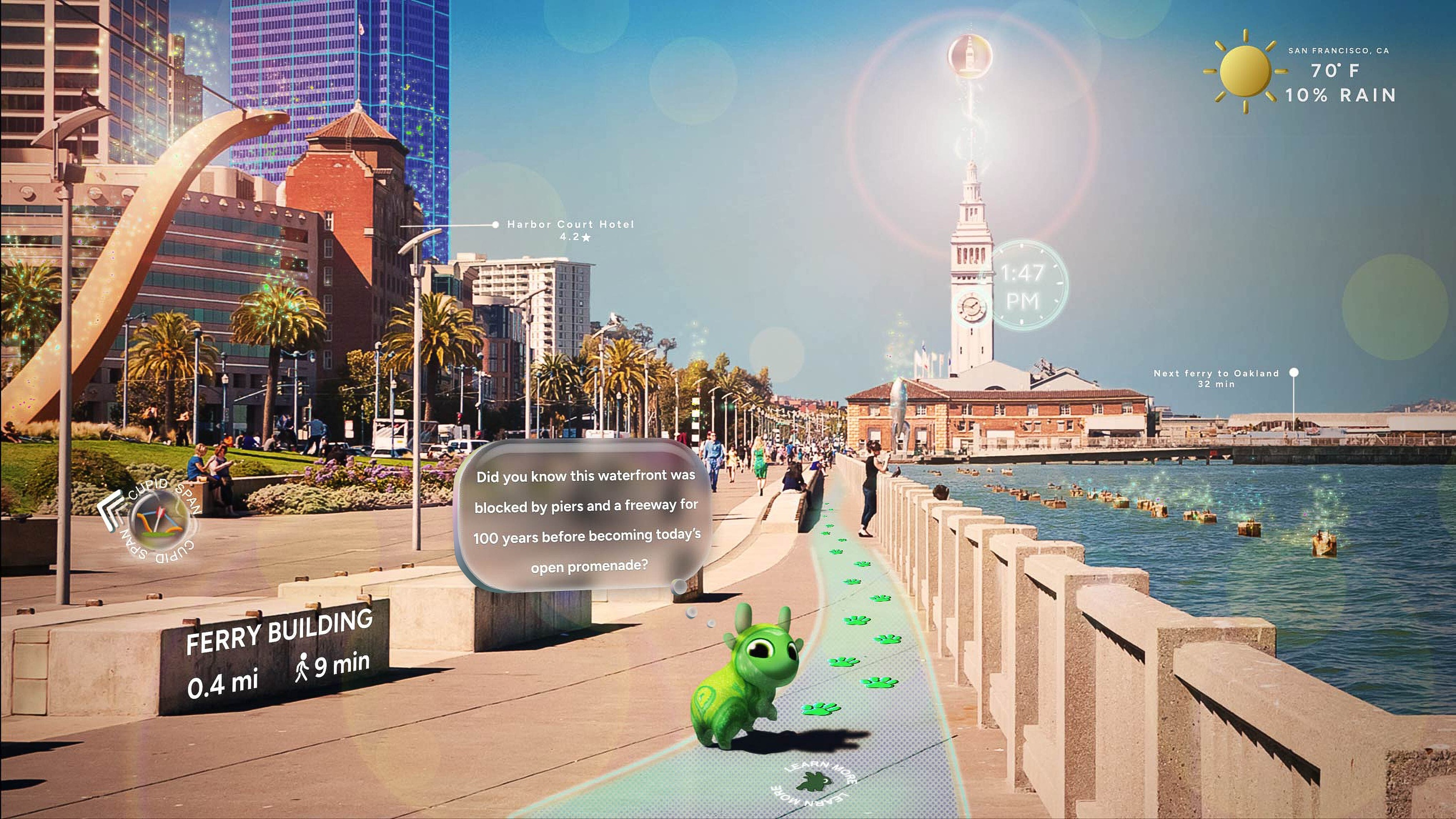 Project Jade visualization with an AR companion and information overlaid on San Francisco’s waterfront