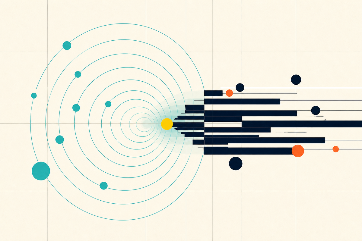 Abstract Swiss-style composition of teal signals and navy bars meeting at a yellow focal point