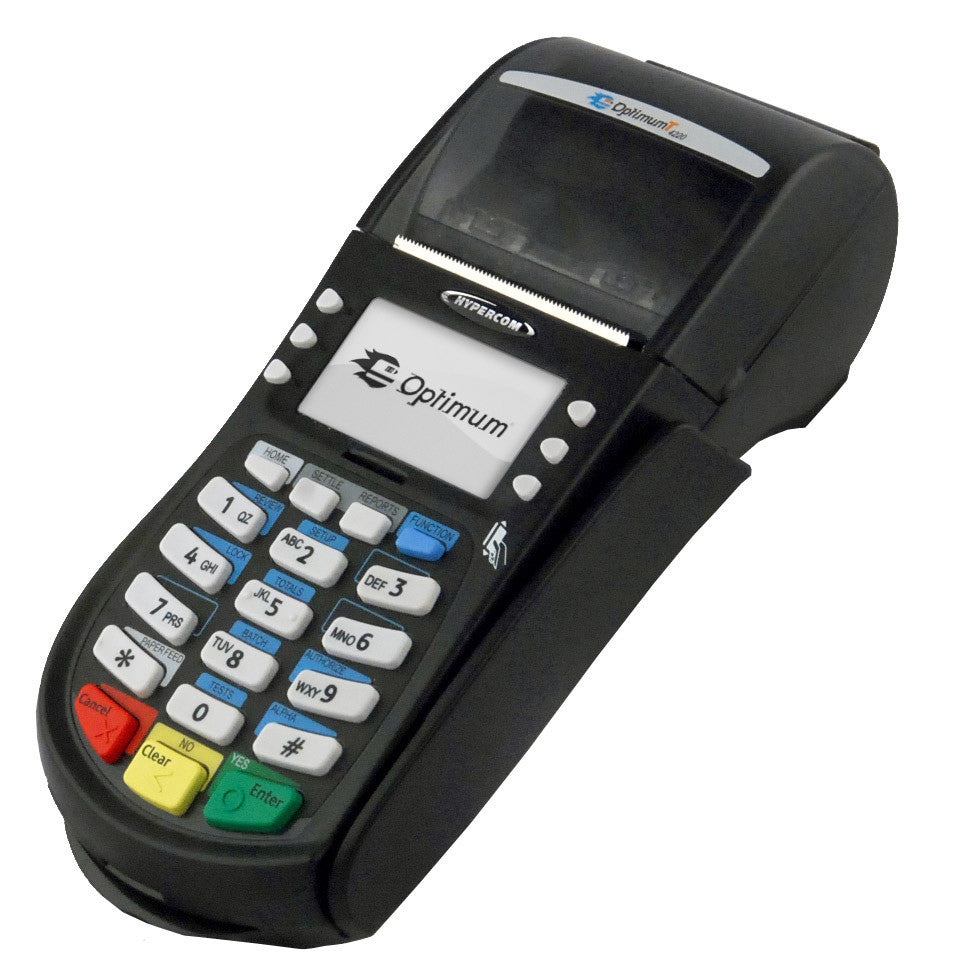 Hypercom Optimum T4220 payment terminal with receipt printer, display and colored keypad