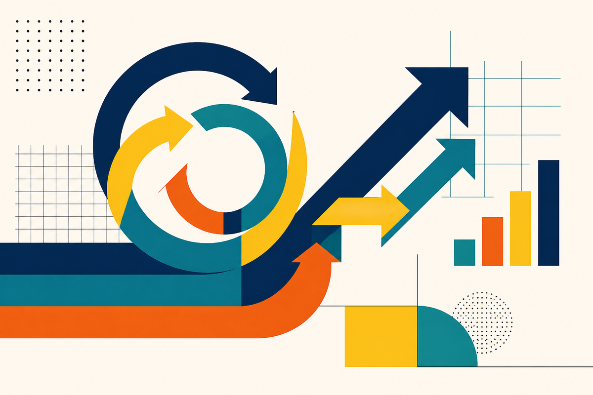 Abstract geometric loops and arrows illustrating a connected growth system