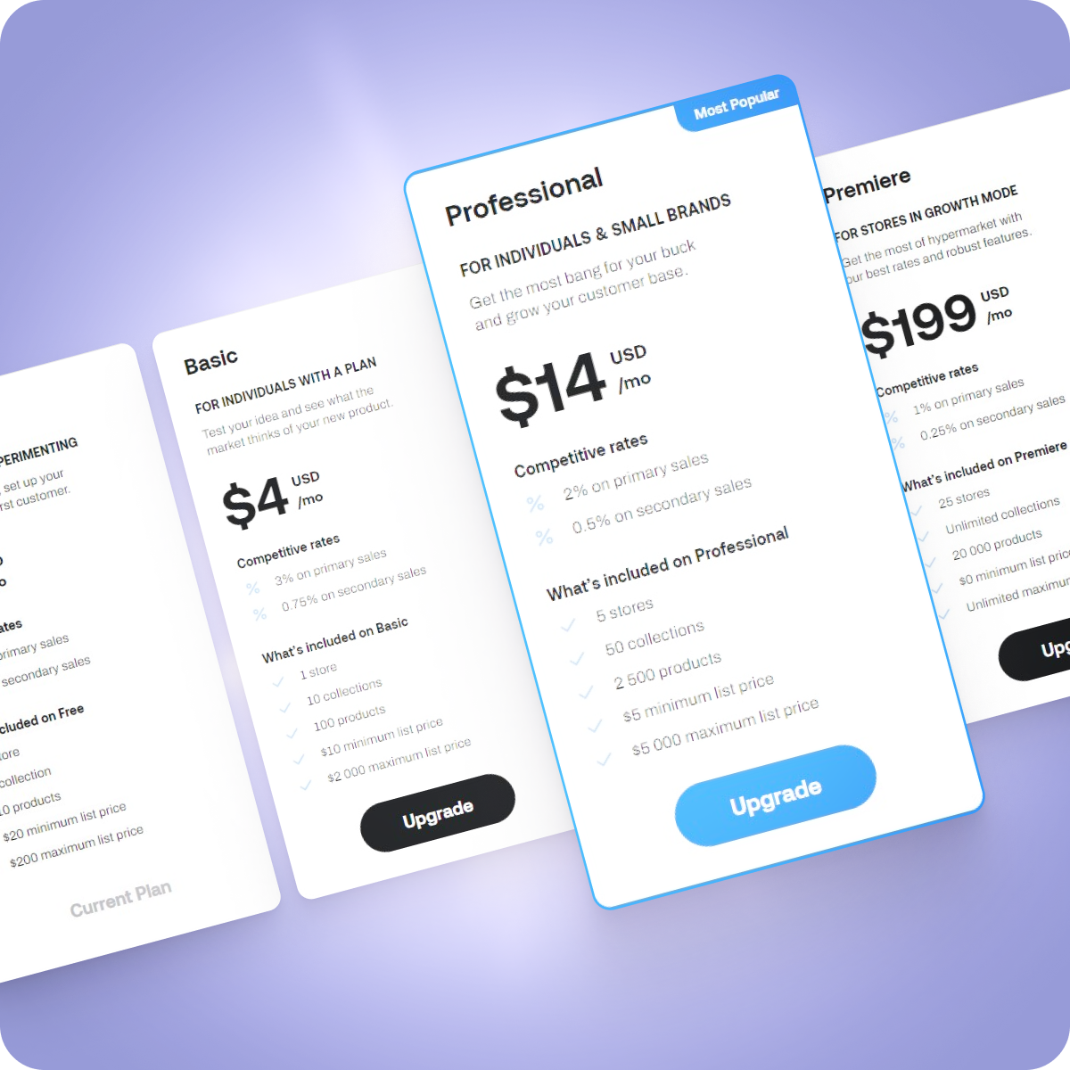 Historical pricing illustration displaying Basic at 4 dollars, Professional at 14 dollars and Premiere at 199 dollars per month