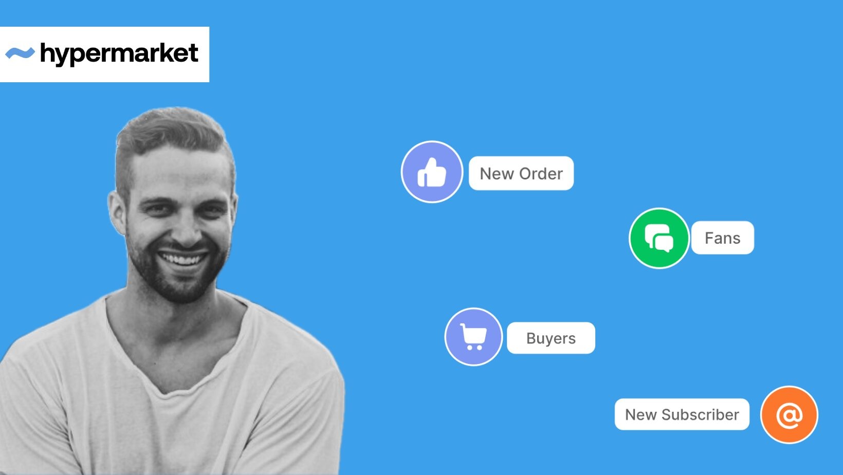 Editorial artwork featuring founder Daniel Budzinski beside buyer, fan, order and subscriber labels