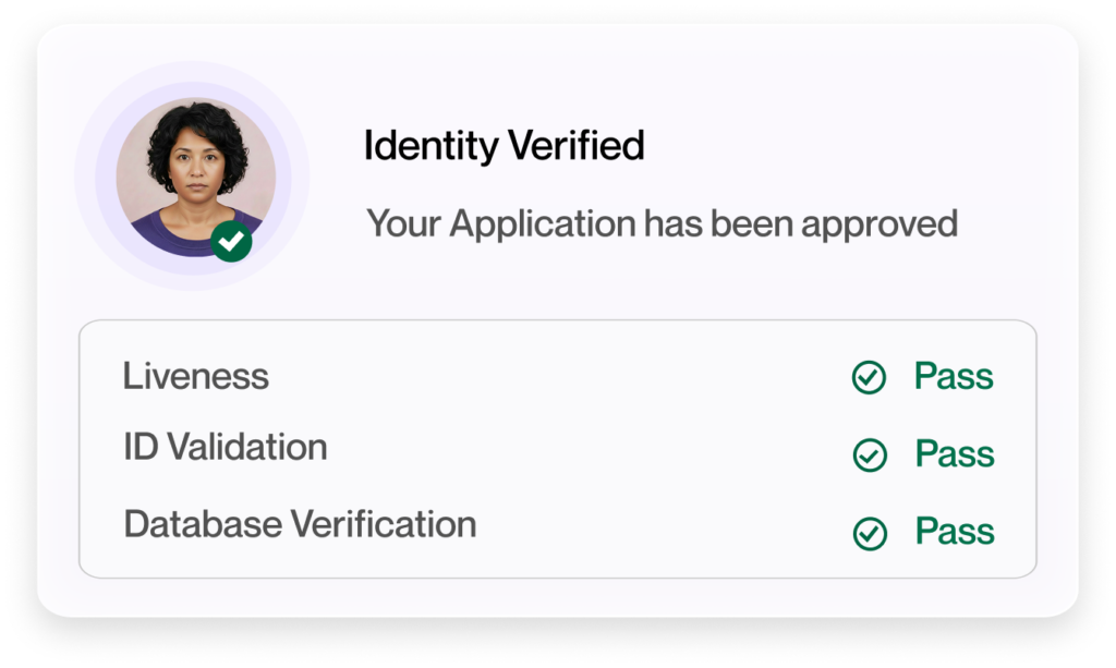 Illustrative HyperVerge interface showing liveness, ID validation and database verification checks
