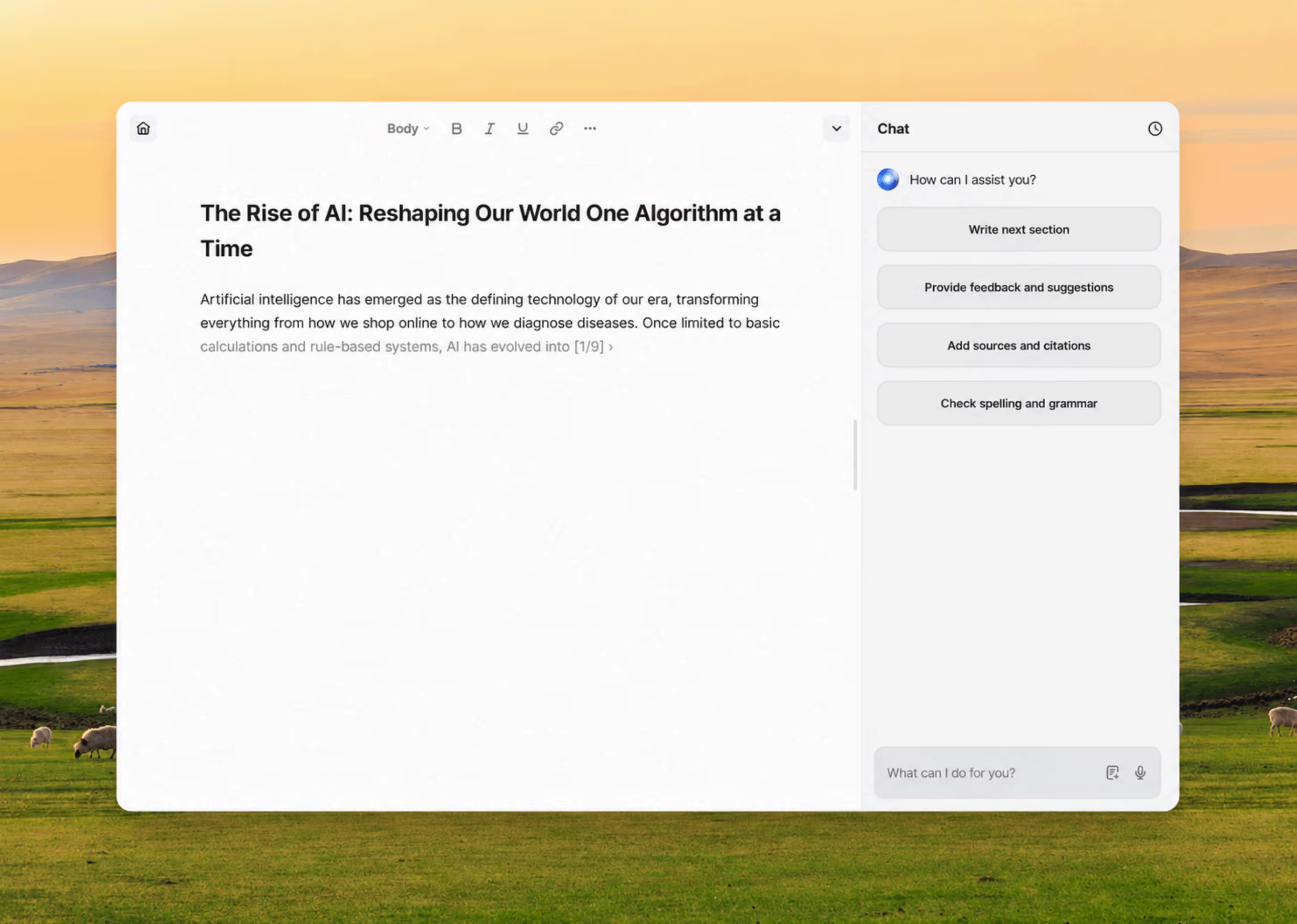 HyperWrite document editor with suggested writing actions in a chat panel
