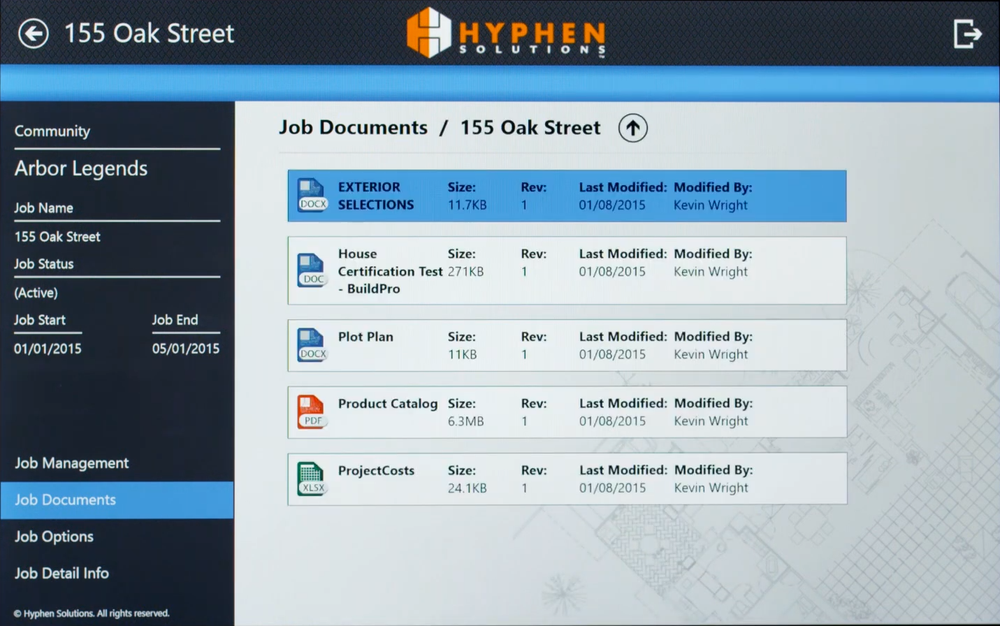 BuildPro mobile interface displaying job documents and construction information