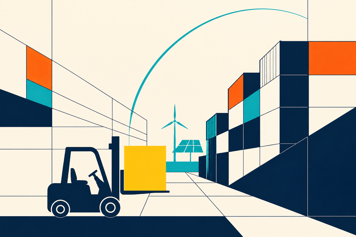 Abstract Swiss-style illustration of a forklift carrying a yellow load through a port and warehouse system