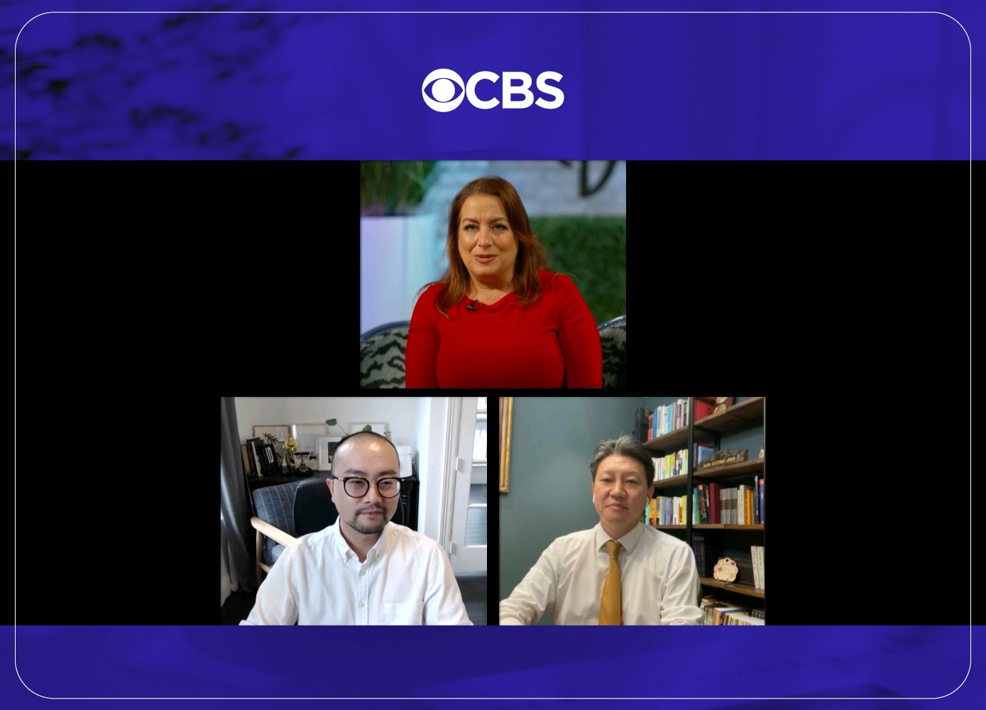 Donna Drake in a remote television conversation with Sean Kim at lower left and Dr. Hyung Joo Kim at lower right