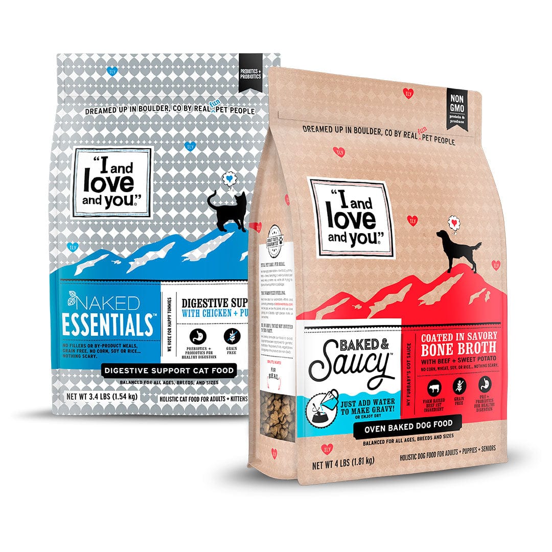 An assortment of I and love and you dry pet-food bags